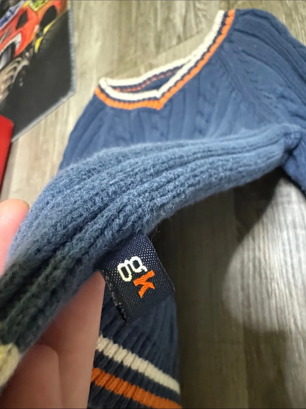 Men's Navy Cable Knit Sweater with Orange & Cream Trim